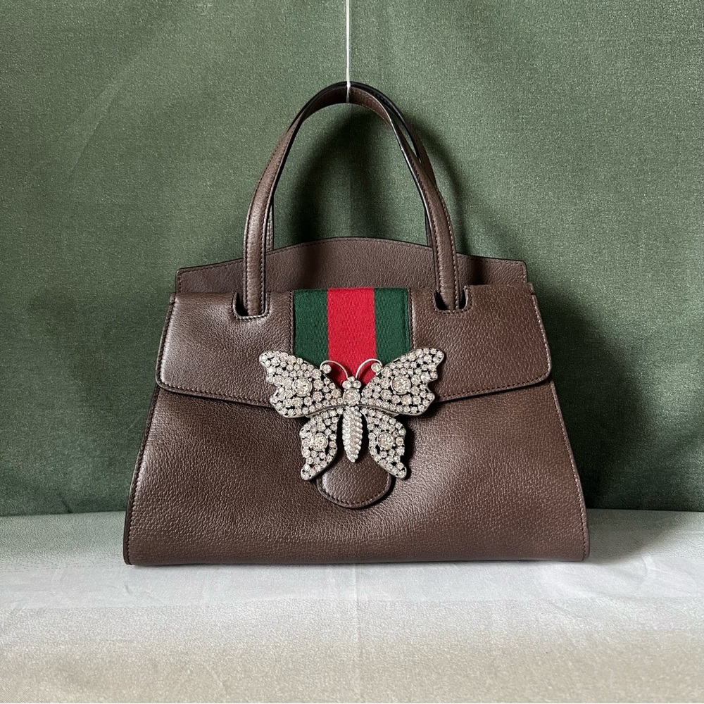 Gucci Brown Leather Totem Crystal Butterfly Top Handle Handbag